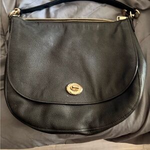 Elegant Black Coach Leather Shoulder Bag with Gold Details